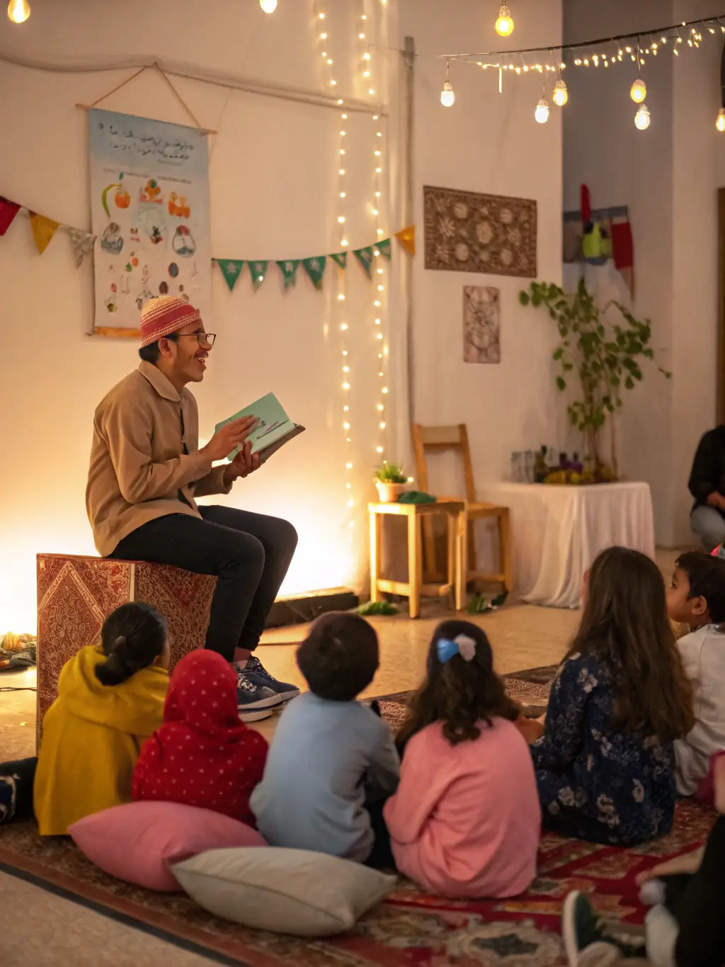 A heartwarming photo of a storytelling session with children, emphasizing the joy of listening and the magic of narrative.
