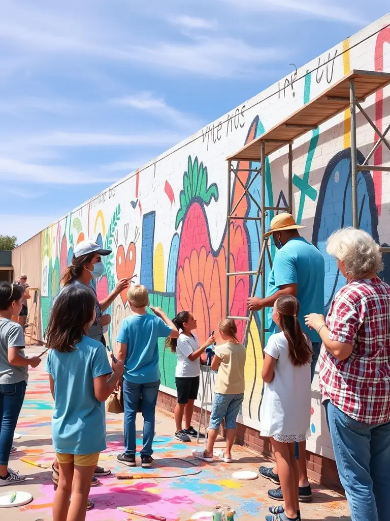 A visually appealing image of a collaborative art project facilitated by LE CRI DE LA DIESE, showing community members working together to create a mural or installation.
