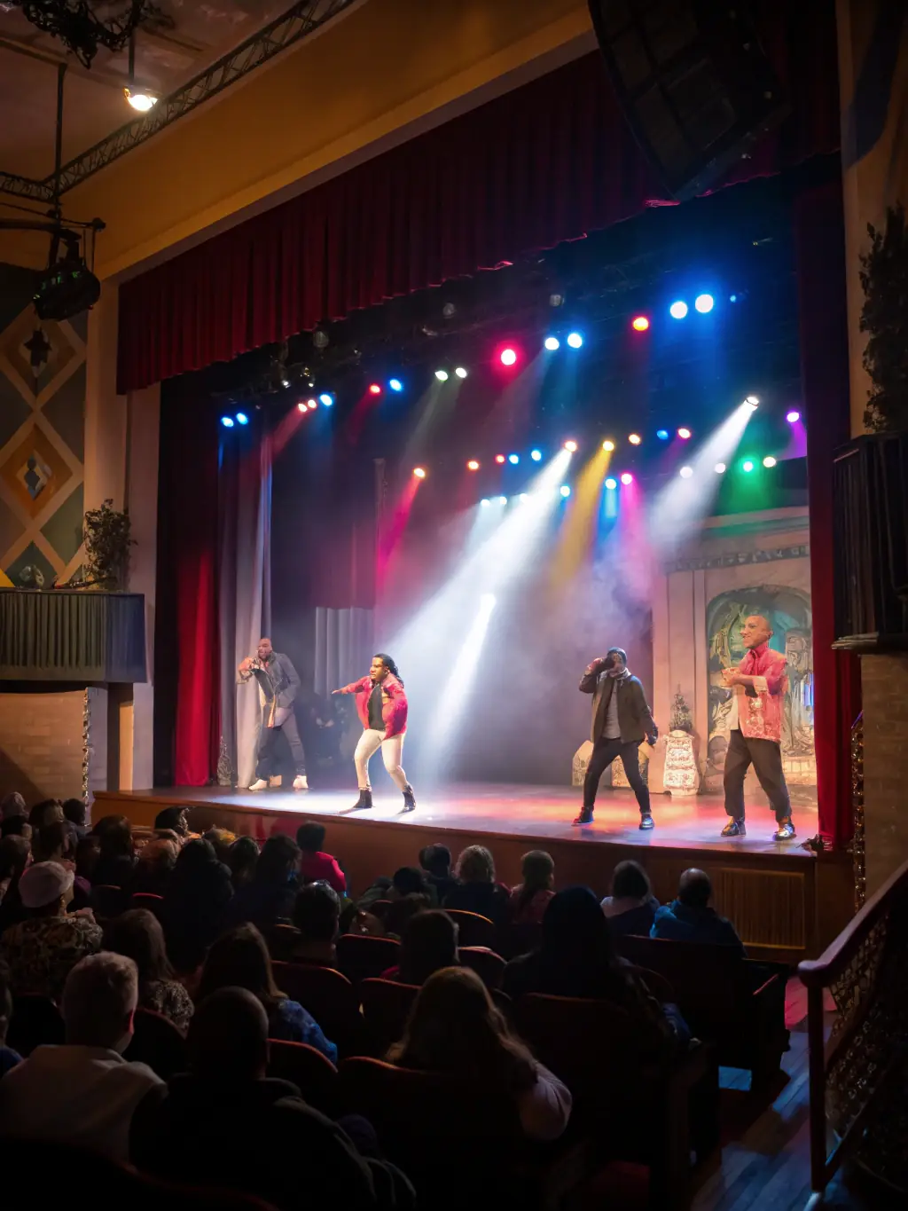 A vibrant photograph capturing a scene from a recent community theatre performance by LE CRI DE LA DIESE, showcasing actors in costume on stage with expressive lighting.