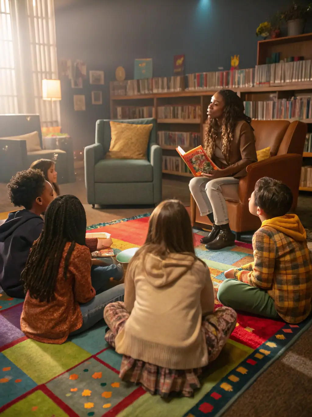 A heartwarming photo of a storytelling session organized by LE CRI DE LA DIESE, with a storyteller captivating a group of children with animated gestures and expressions.