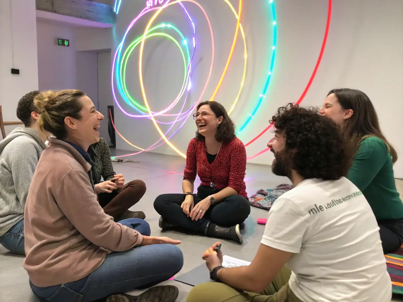 A dynamic image showcasing participants actively engaged in a theatre workshop, with a focus on collaborative learning and creative expression.