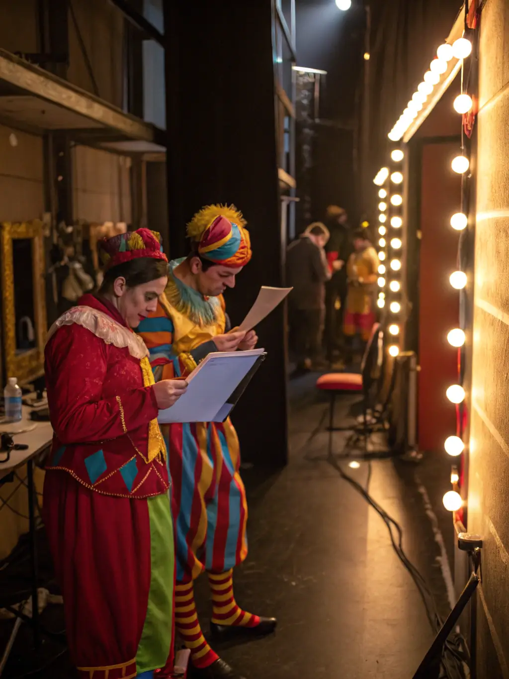 A behind-the-scenes shot of a theatre production, showcasing the collaborative effort of actors, directors, and stage crew working together to bring a story to life.