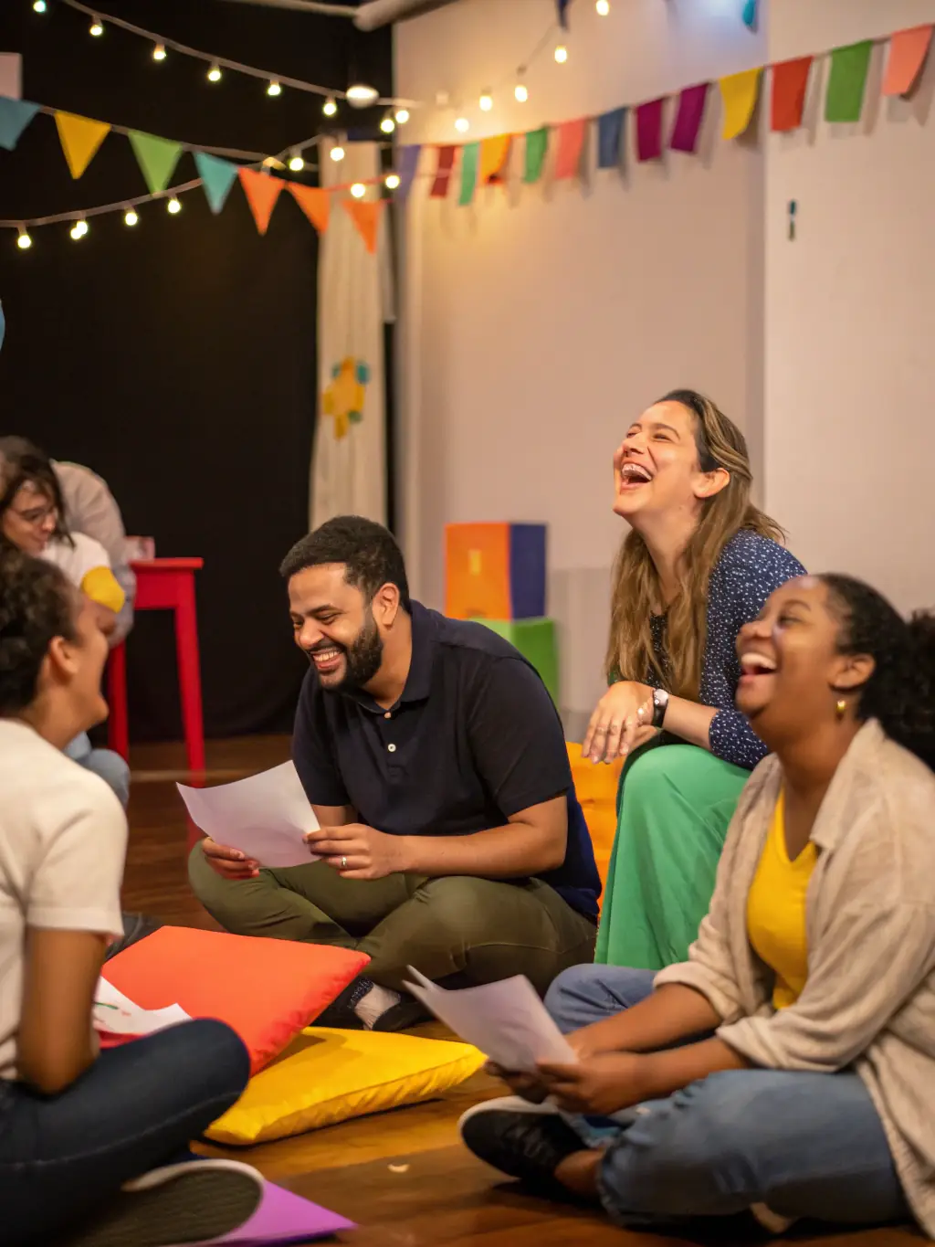 A vibrant photo of a community theatre workshop in progress, showing participants actively engaged in a scene, with a focus on expressive body language and collaborative spirit.